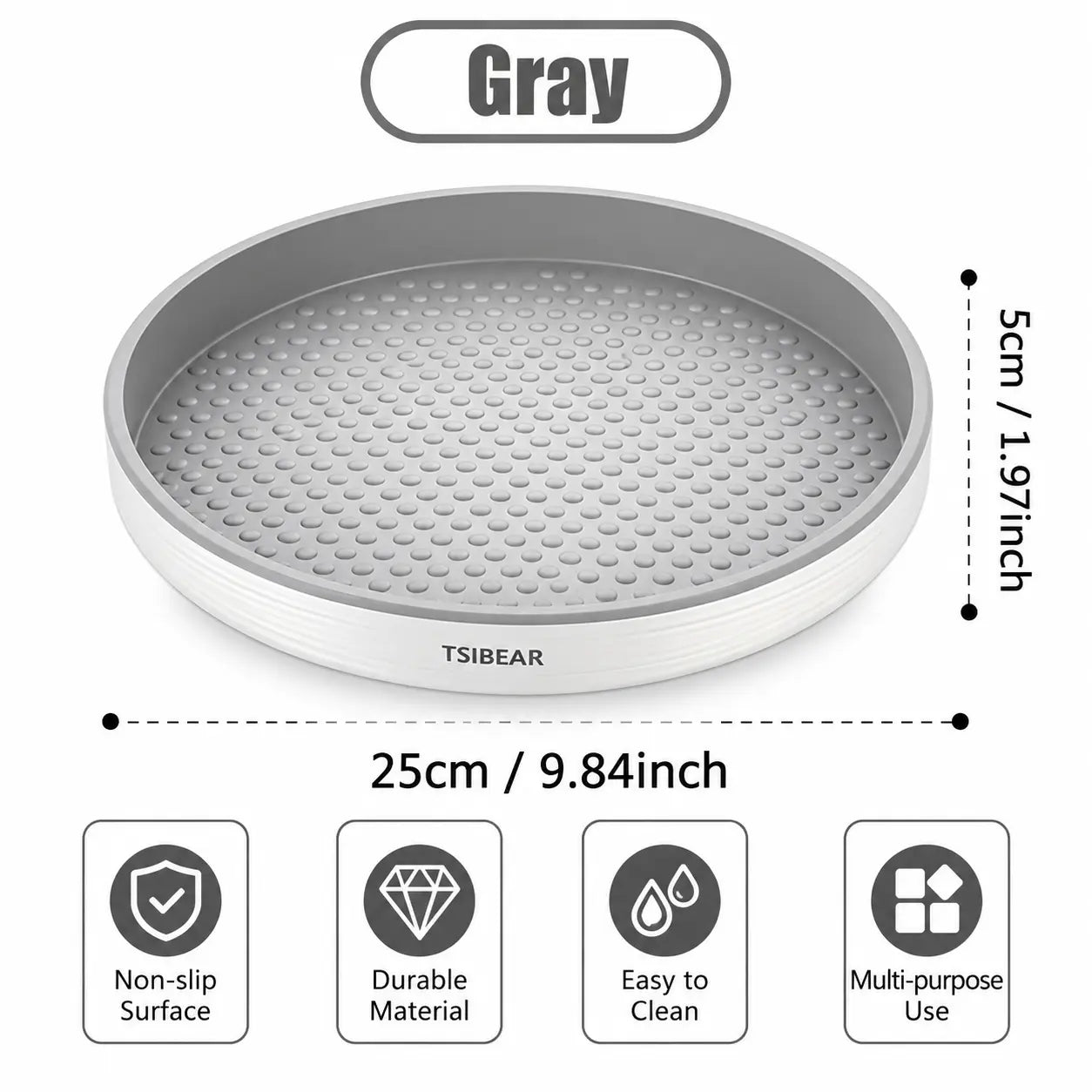 360° Rotating Organizer Tray, Non-Slip Lazy Susan Turntable for Kitchen Countertop, Pantry Cabinet and Bathroom Storage, round Rotating Tray in Black & Gray
