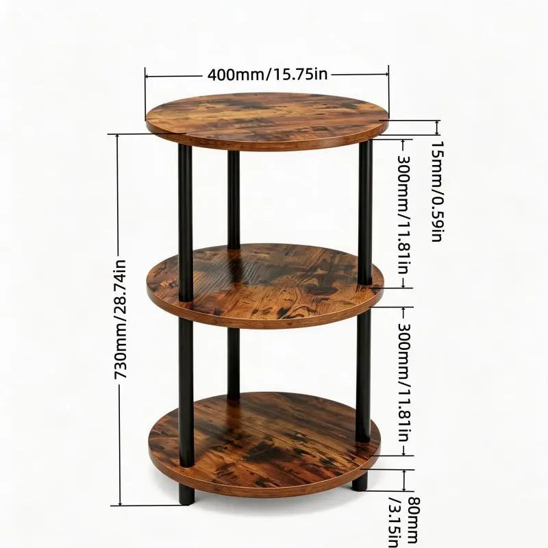 Three-Tier Round Shelving Table - Versatile Decorative Table Available in Narrow-Edge Styles or as a Nightstand; Industrial Design Ideal for Compact Spaces
