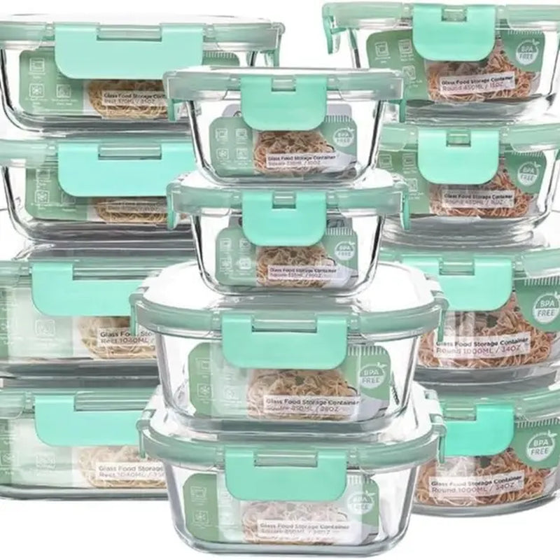 AISOON 24-Piece High Borosilicate Glass Food Storage Containers with Lids - 12-Pack Airtight Leakproof Kitchen Household Products, Bpa-Free, Microwave, Oven, Freezer & Dishwasher Safe (Black)