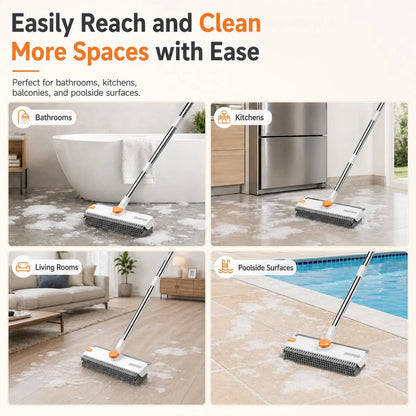 Snofrid 3-in-1 Heavy Duty Floor Scrub Brush with 54-Inch Adjustable Handle and Stiff Bristles for Versatile Cleaning of Showers, Bathrooms, Kitchens, Patios, Garages, Pools, Walls, and Decks - Orange and White