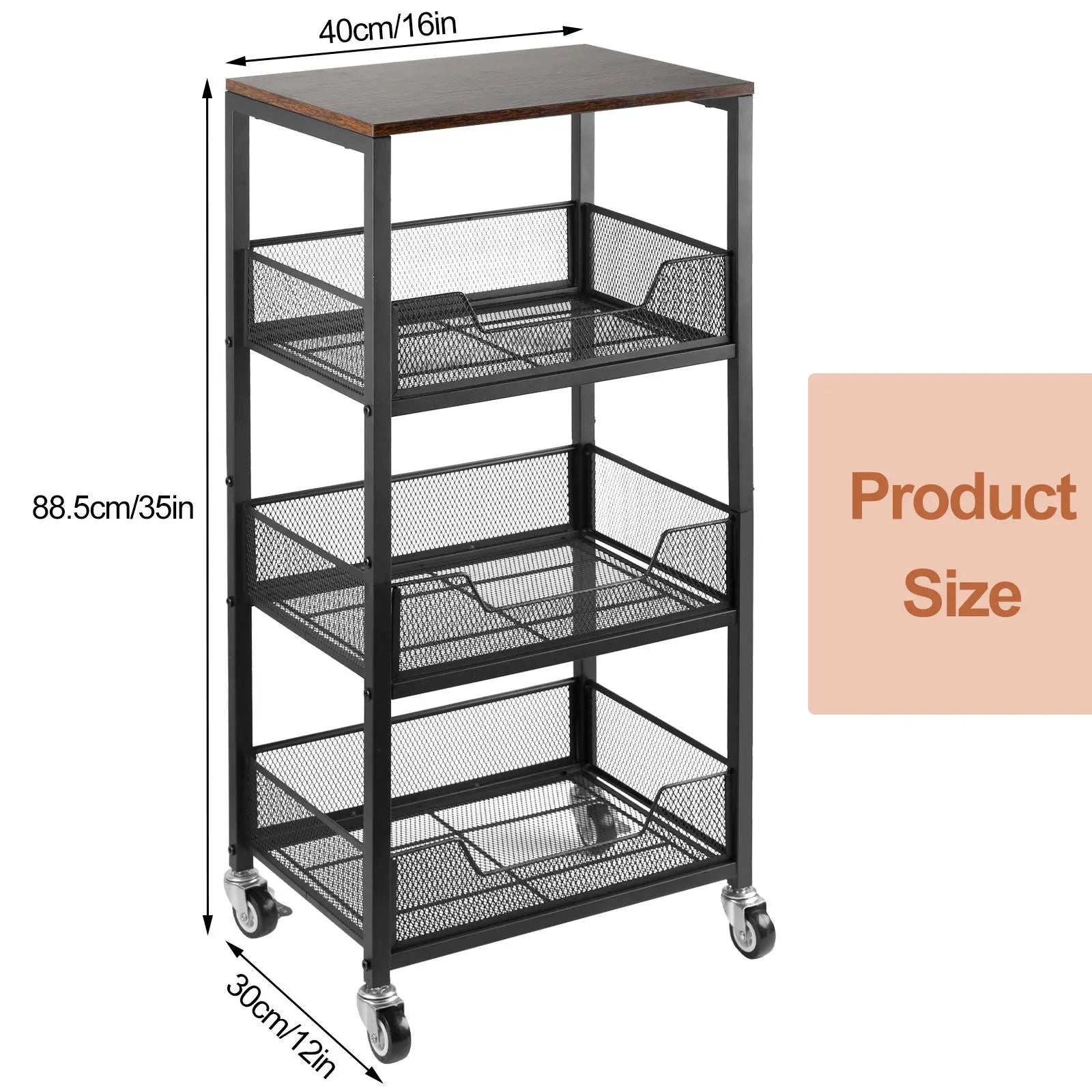 3-Tier Rolling Utility Cart with Wood Top, Metal Mesh Basket Mobile Shelving Unit, Movable Storage Organizer for Kitchen, Pantry, Bathroom, Laundry Room