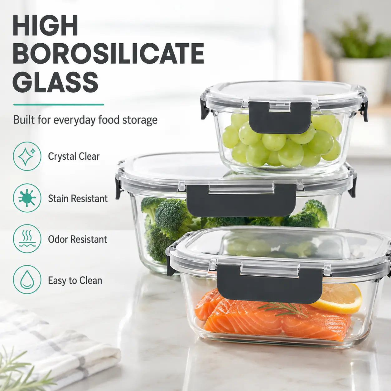 AISOON 24-Piece High Borosilicate Glass Food Storage Containers with Lids - 12-Pack Airtight Leakproof Kitchen Household Products, Bpa-Free, Microwave, Oven, Freezer & Dishwasher Safe (Black)