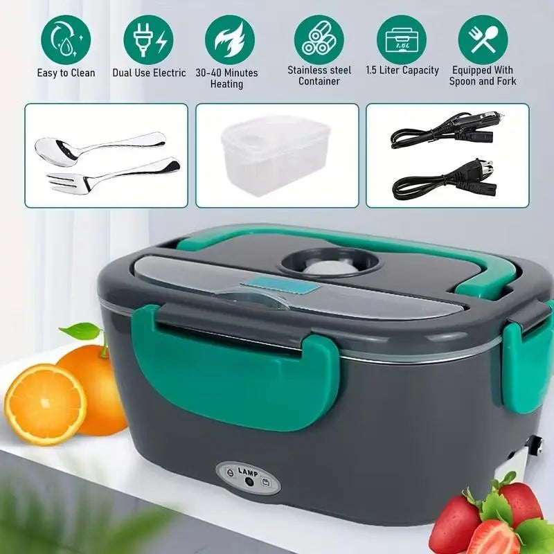 Stainless Steel Thermal Insulated Lunch Box - 50.72 Oz, Electric Food Warmer for Home and Car (110V/12V/24V), Includes Fork and Insulated Bag, Ideal for Truck Drivers and Office Use, Fast Heating