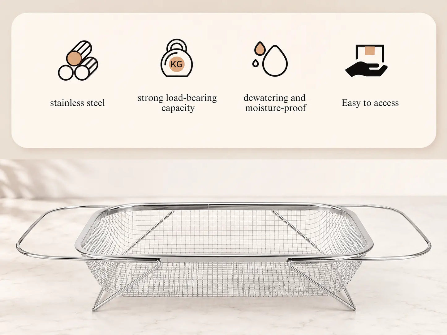 Expandable Stainless Steel Over-The-Sink Colander Strainer Basket with Handles, Fine Mesh Kitchen Essential