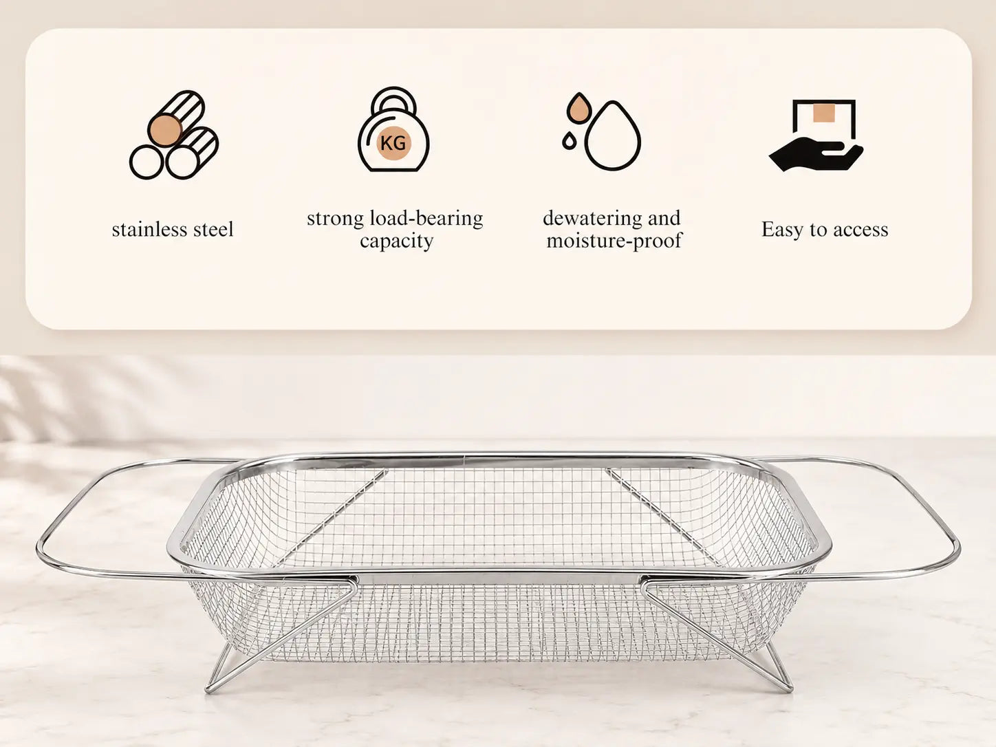 Expandable Stainless Steel Over-The-Sink Colander Strainer Basket with Handles, Fine Mesh Kitchen Essential