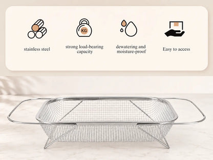 Expandable Stainless Steel Over-The-Sink Colander Strainer Basket with Handles, Fine Mesh Kitchen Essential