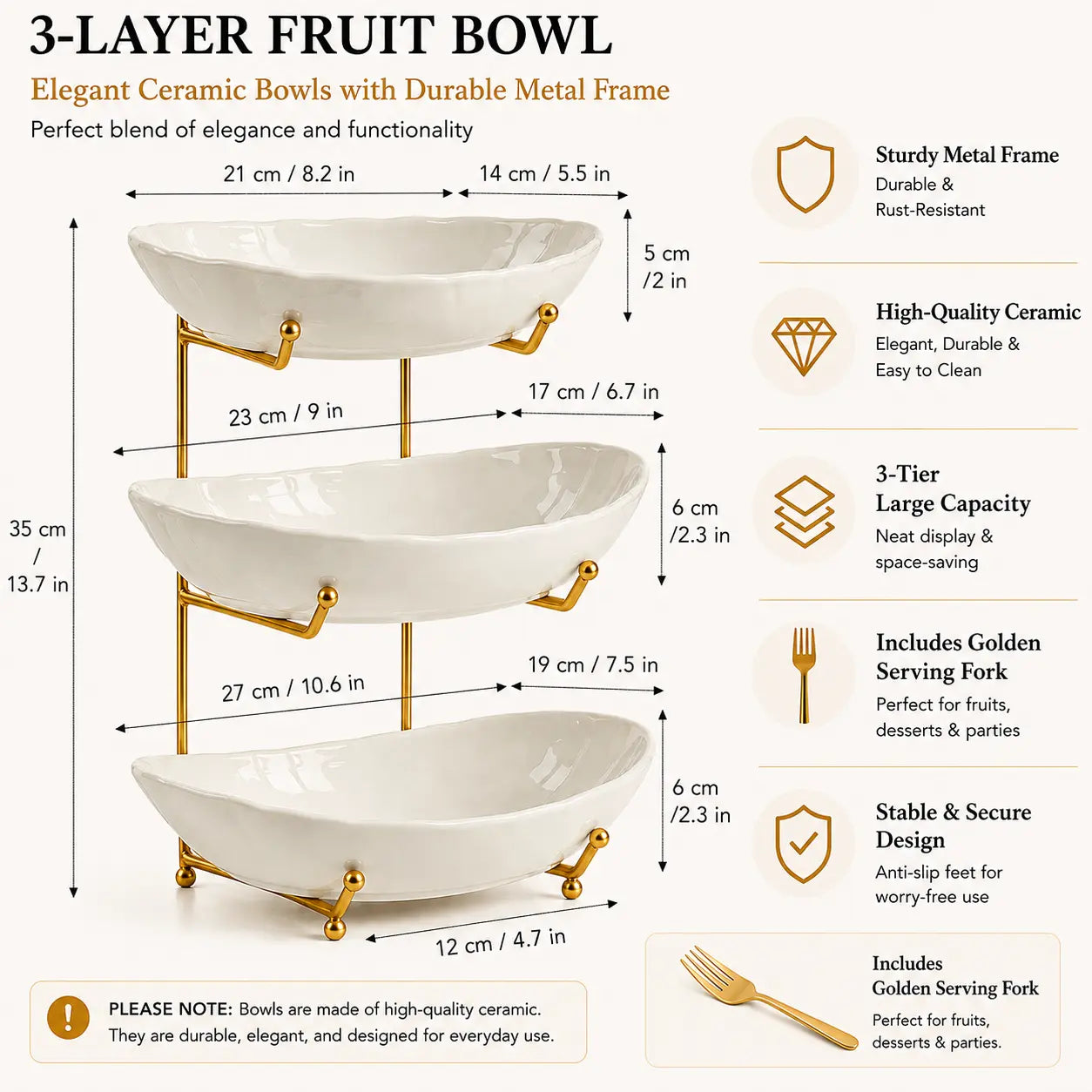 3-Tier Fruit Bowl Set with Metal Stand – Choose from Plastic or Ceramic Bowls, Spacious Countertop Organizer for Fruits, Snacks, and Nuts