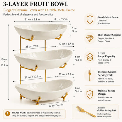 3-Tier Fruit Bowl Set with Metal Stand – Choose from Plastic or Ceramic Bowls, Spacious Countertop Organizer for Fruits, Snacks, and Nuts