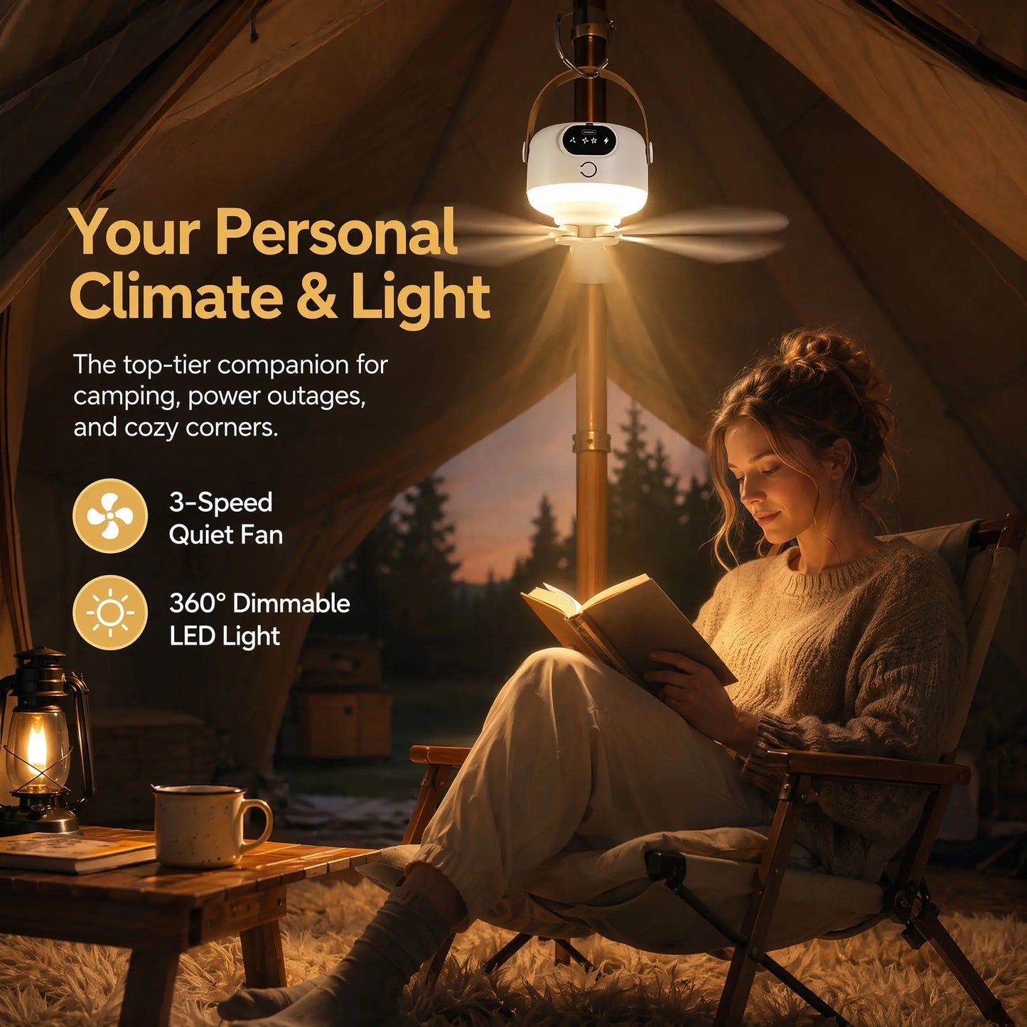 2-In-1 Portable LED Light Hanging Camping Fan | Rechargeable Quiet Tent Fan with Remote Control, Long Runtime, 3 Speeds, Foldable Design, Suitable for Outdoor Camping, Tents, Patio, Dorms, Bedrooms