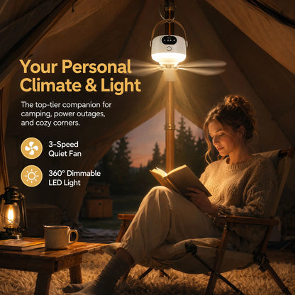 2-In-1 Portable LED Light Hanging Camping Fan | Rechargeable Quiet Tent Fan with Remote Control, Long Runtime, 3 Speeds, Foldable Design, Suitable for Outdoor Camping, Tents, Patio, Dorms, Bedrooms