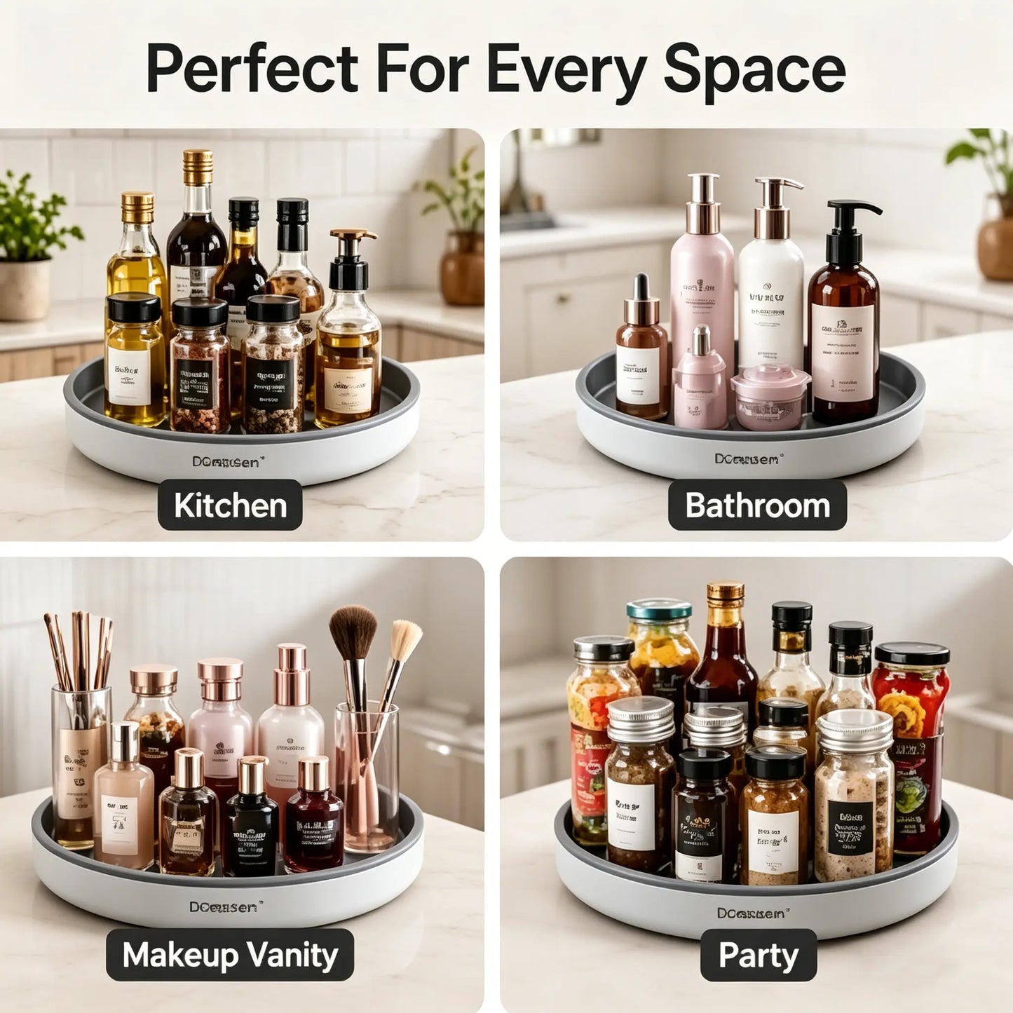 360° Rotating Organizer Tray, Non-Slip Lazy Susan Turntable for Kitchen Countertop, Pantry Cabinet and Bathroom Storage, round Rotating Tray in Black & Gray