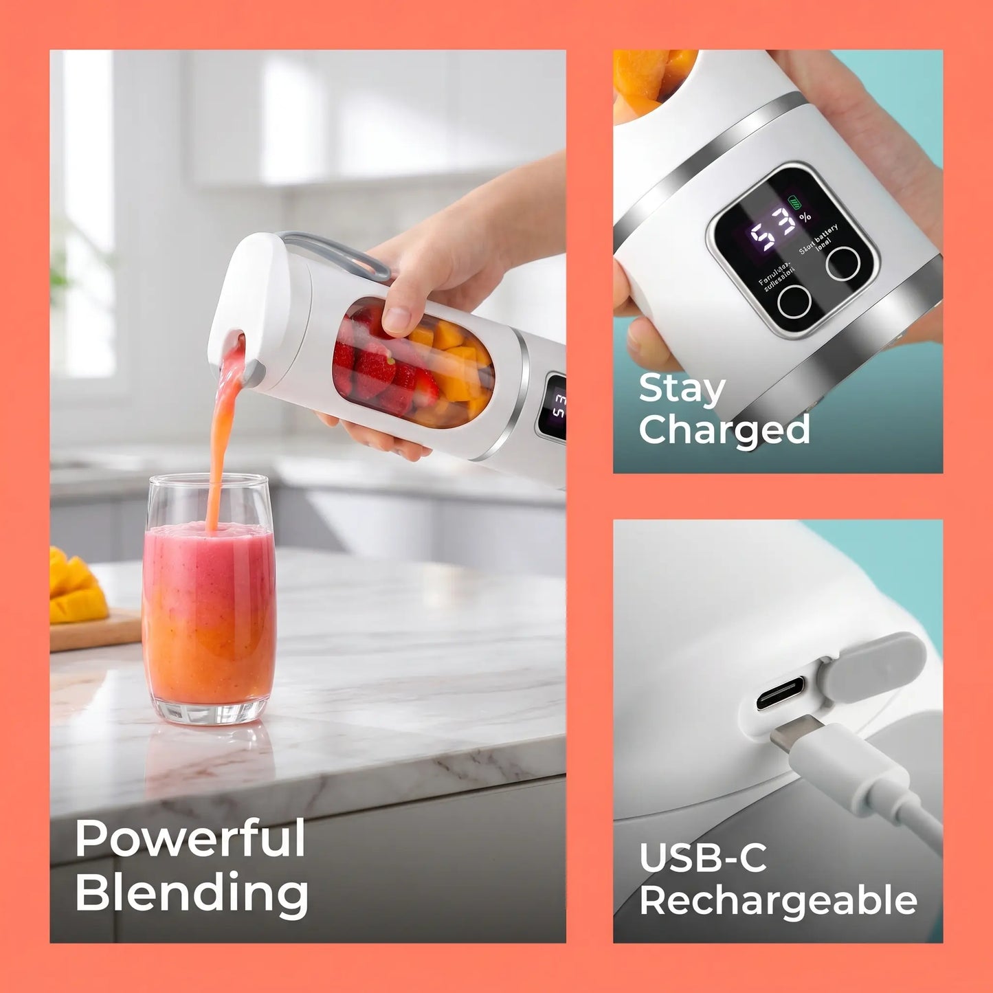 Portable 15.22 Oz USB Rechargeable Personal Blender with LED Display, Durable ABS Material - Ideal for Smoothies and Juices, Essential for Home Kitchen