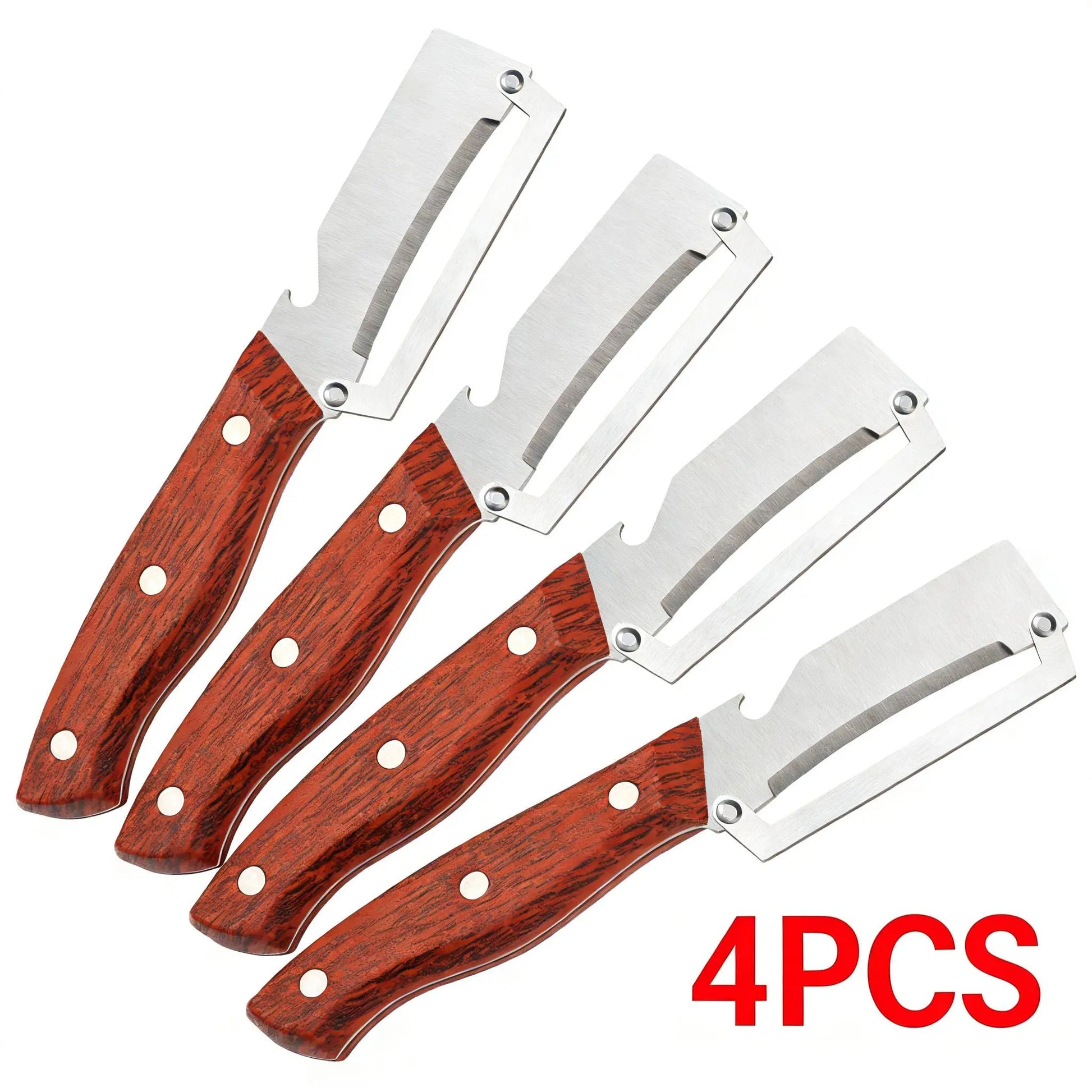 Stainless Steel Blade Vegetable and Fruit Peeler Set with Ergonomic Wooden Handles and Integrated Bottle Opener