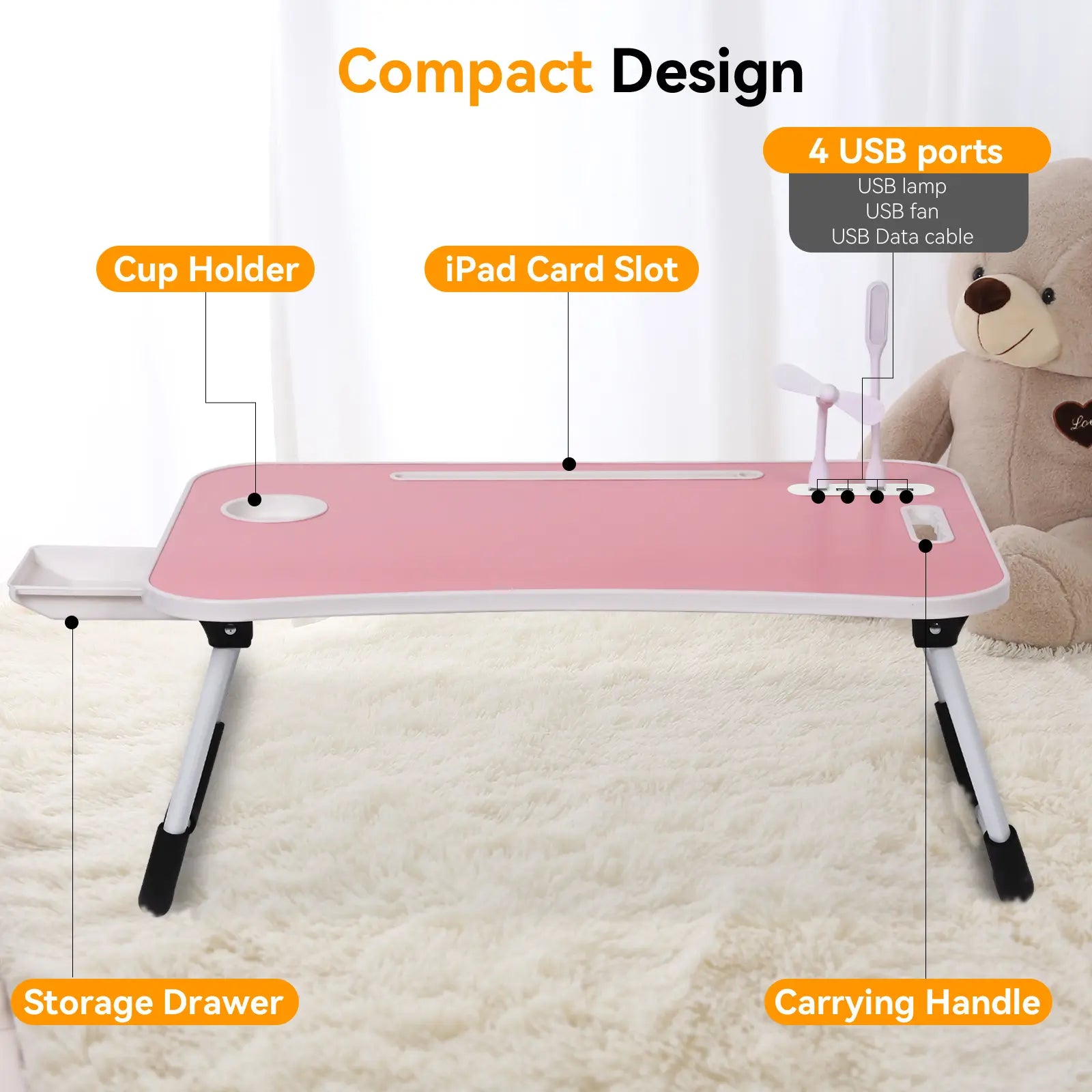 WGCTEK Portable Foldable Laptop Bed Desk with USB Ports, Storage Drawer, and Cup Holder for Comfortable Work and Reading on Bed or Couch - Available in Black, White, Pink, and Walnut