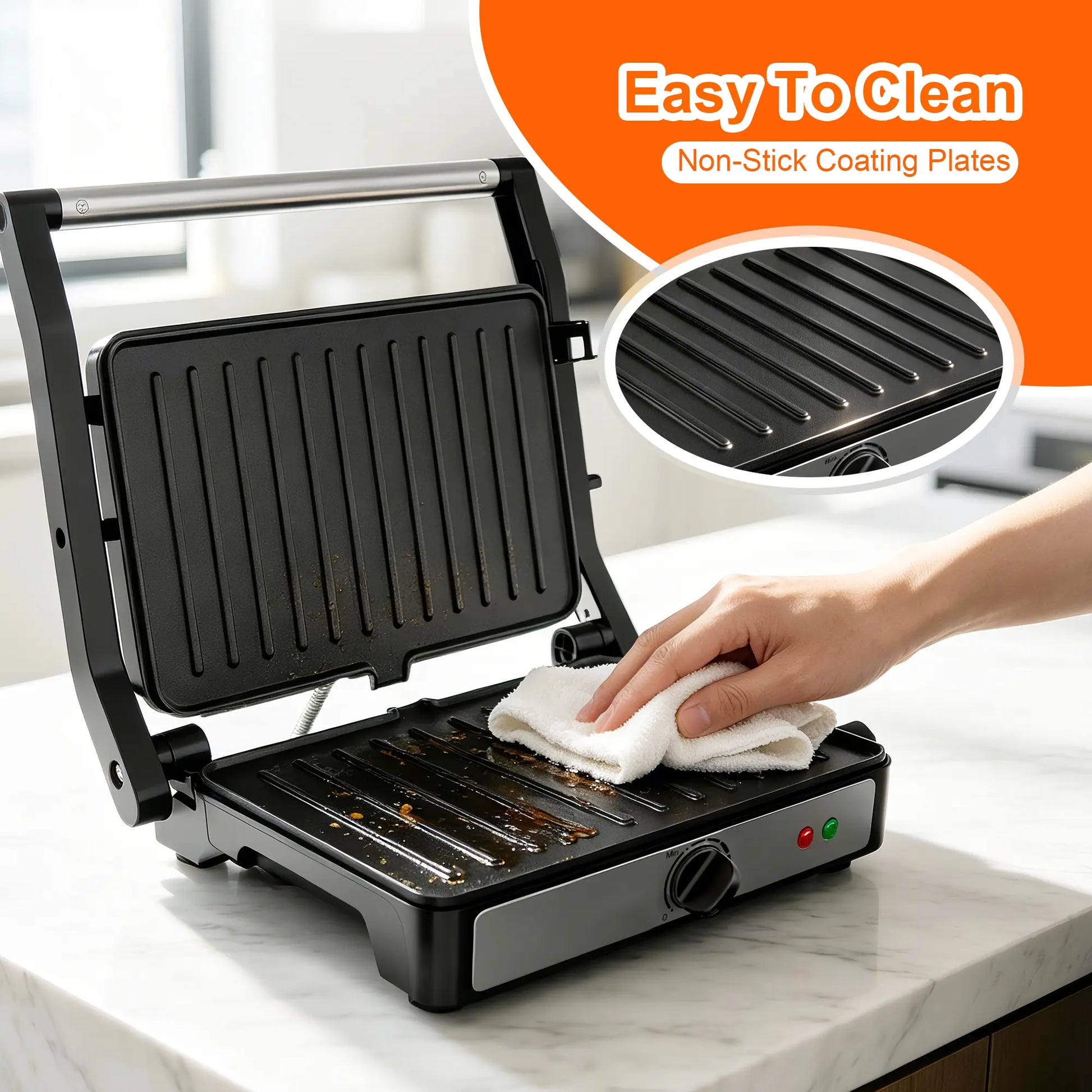 KEINVE Compact Electric Panini Press Grill and Sandwich Maker, 900W Fast Heating with Adjustable Temperature Control, 180° Flat Open Non-Stick Double-Sided Griddle, Dual Heating Plates for Steak and Burgers, 9.2 x 5.8 Inches