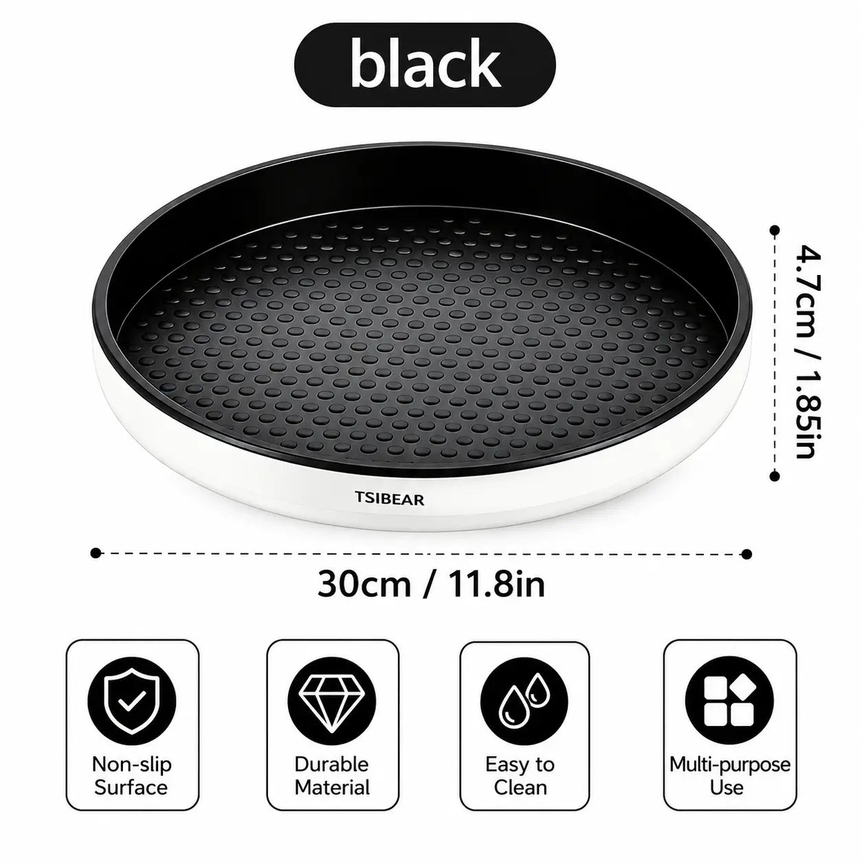 360° Rotating Organizer Tray, Non-Slip Lazy Susan Turntable for Kitchen Countertop, Pantry Cabinet and Bathroom Storage, round Rotating Tray in Black & Gray