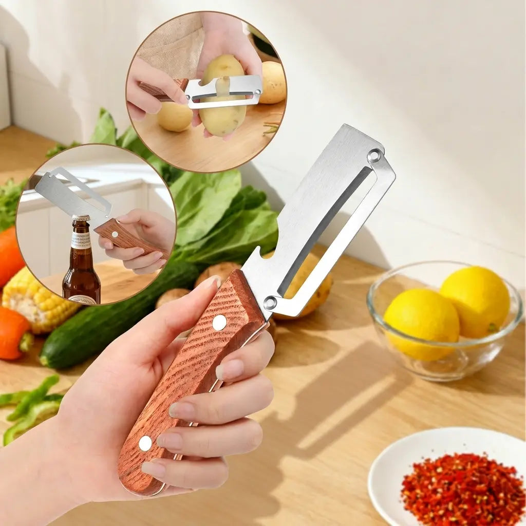 Stainless Steel Blade Vegetable and Fruit Peeler Set with Ergonomic Wooden Handles and Integrated Bottle Opener