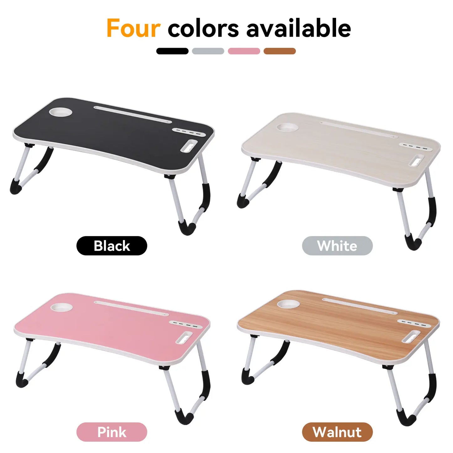 WGCTEK Portable Foldable Laptop Bed Desk with USB Ports, Storage Drawer, and Cup Holder for Comfortable Work and Reading on Bed or Couch - Available in Black, White, Pink, and Walnut