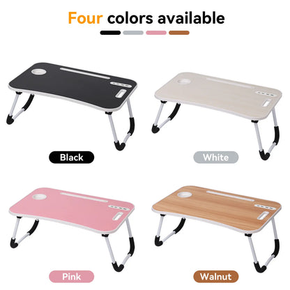 WGCTEK Portable Foldable Laptop Bed Desk with USB Ports, Storage Drawer, and Cup Holder for Comfortable Work and Reading on Bed or Couch - Available in Black, White, Pink, and Walnut