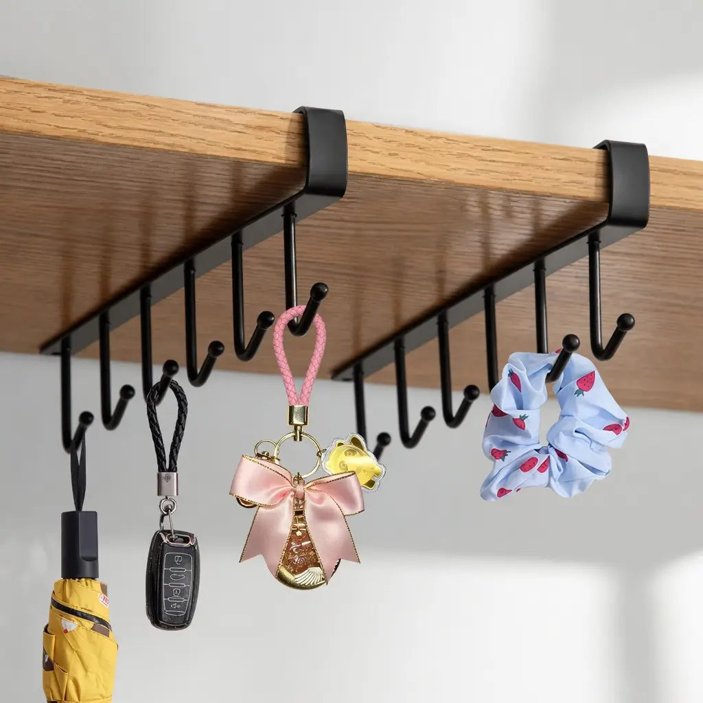 VIREFIRA Black 2-Piece Hangable under Shelf Mug Hanger Rack Set - 6-Hook Snap-In Adjustable under Cabinet Storage Organizer, Space-Saving Cup Holder for Kitchen Pantry