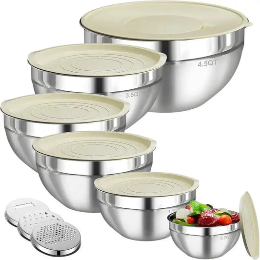 6-Piece Stainless Steel Mixing Bowl Set with Lids and Grinder Attachments - Airtight Food Storage and Organizer for Culinary Use
