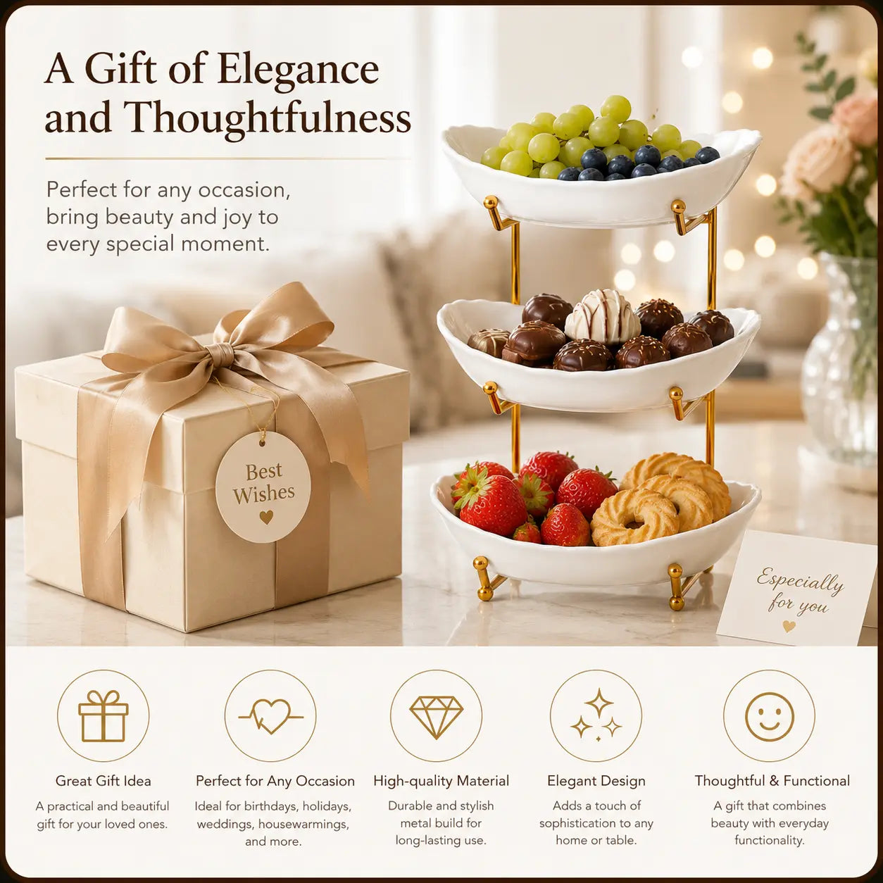 3-Tier Fruit Bowl Set with Metal Stand – Choose from Plastic or Ceramic Bowls, Spacious Countertop Organizer for Fruits, Snacks, and Nuts
