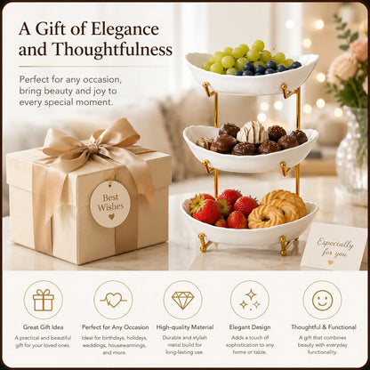 3-Tier Fruit Bowl Set with Metal Stand – Choose from Plastic or Ceramic Bowls, Spacious Countertop Organizer for Fruits, Snacks, and Nuts