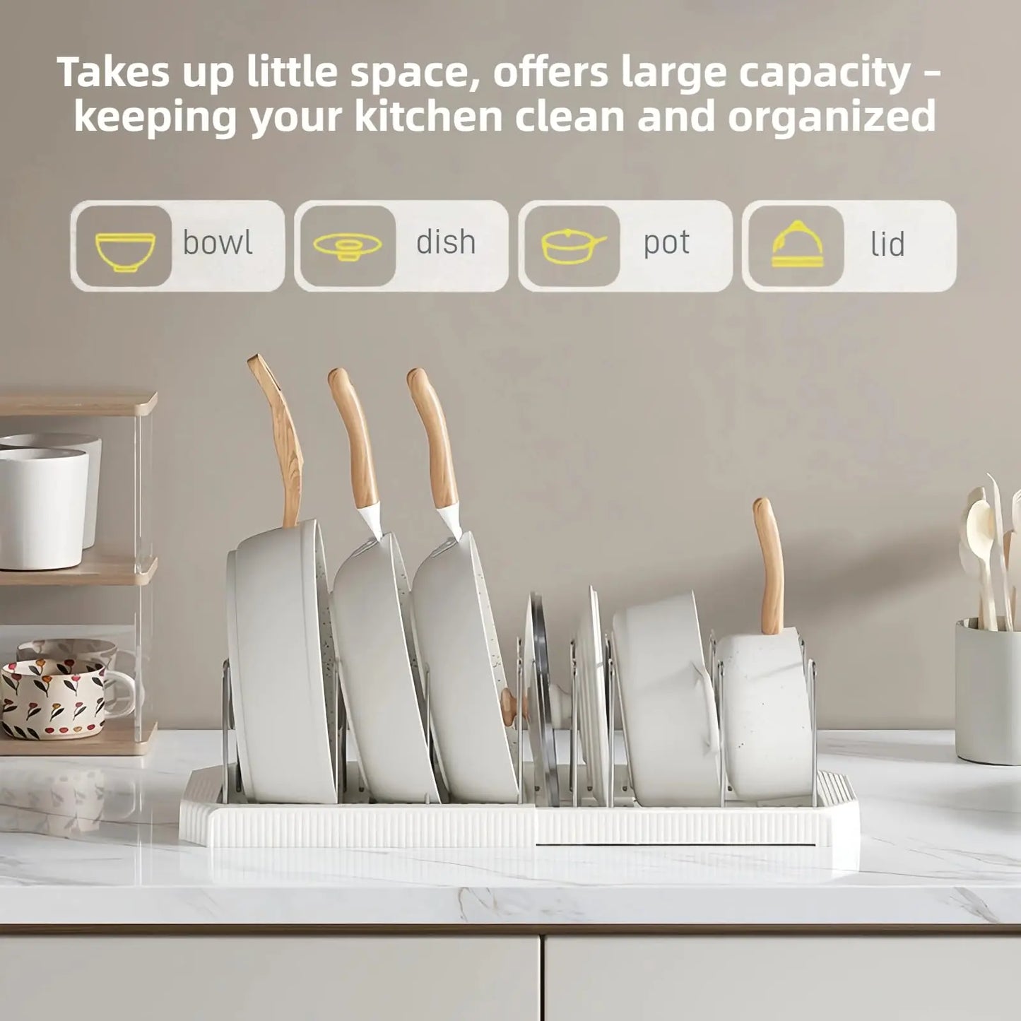 Adjustable Expandable Pot and Pan Organizer Rack with 8 Dividers for Kitchen Cabinets and Under-Sink Storage, Ideal for Small Spaces and Busy Cooks, White