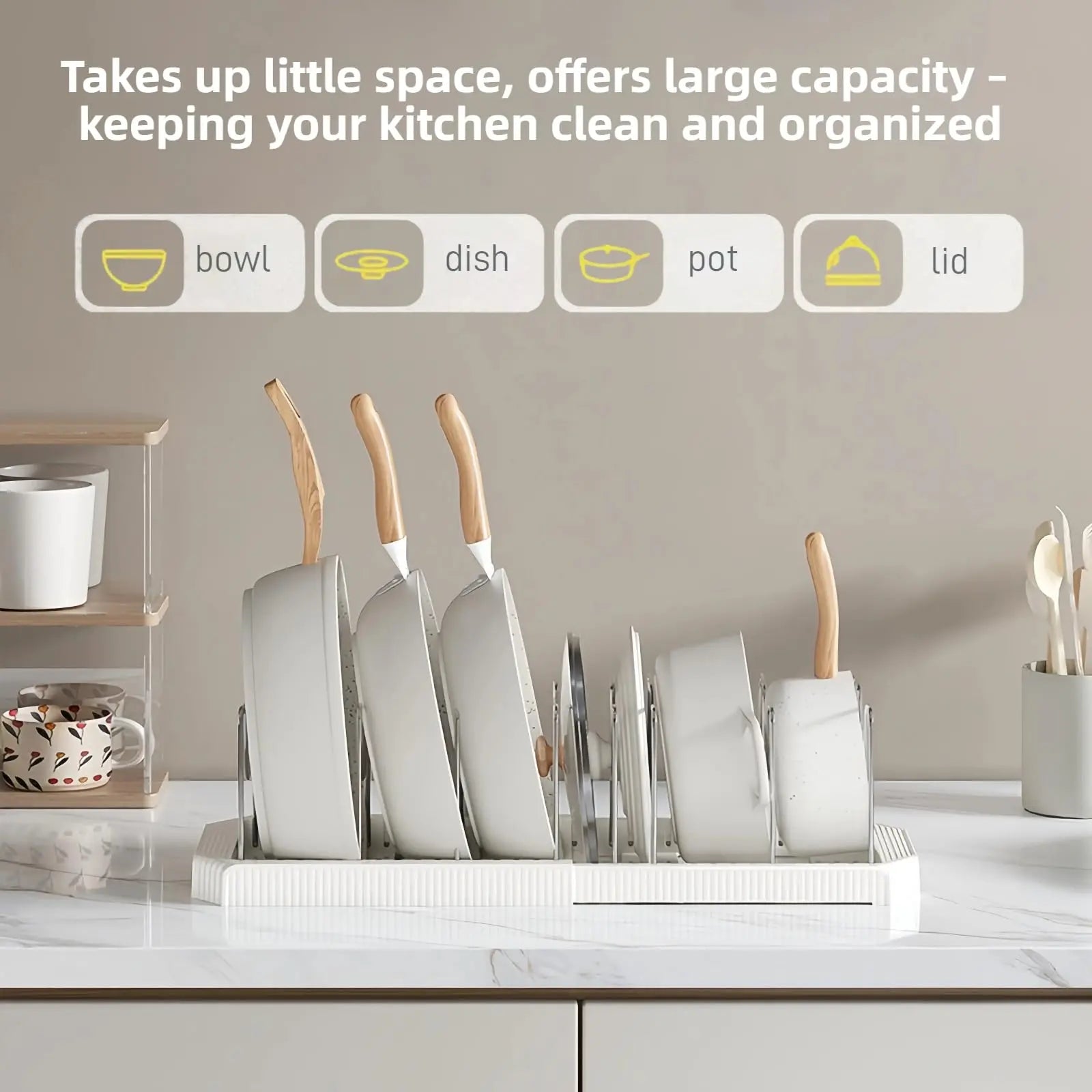 Adjustable Expandable Pot and Pan Organizer Rack with 8 Dividers for Kitchen Cabinets and Under-Sink Storage, Ideal for Small Spaces and Busy Cooks, White