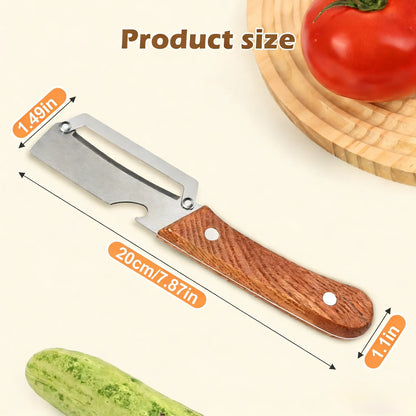 Stainless Steel Blade Vegetable and Fruit Peeler Set with Ergonomic Wooden Handles and Integrated Bottle Opener