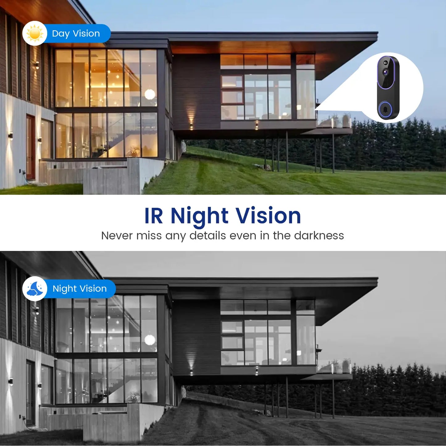 1080P Wireless Video Doorbell Camera with Smart AI Human Detection, Full HD Live View, Cloud Storage, Night Vision, Two-Way Audio, Instant Alerts, and 2.4G WiFi Connectivity for Indoor/Outdoor Home Security Surveillance
