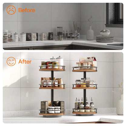 HOOBRO Lazy Susan Organizer, Rotating Spice Rack, 3-Tier Organizer, Turntable Spice Rack, Vertical Storage Organizer, for Kitchen Countertop, Vanity, Dining Table, Rustic Brown and Black #Summervibes