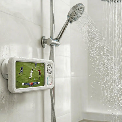Waterproof Bathroom Shower Phone Holder with Bluetooth Speaker, 360° Rotating Touch Screen Mobile Device Case, Suction Cup Mount Shelf