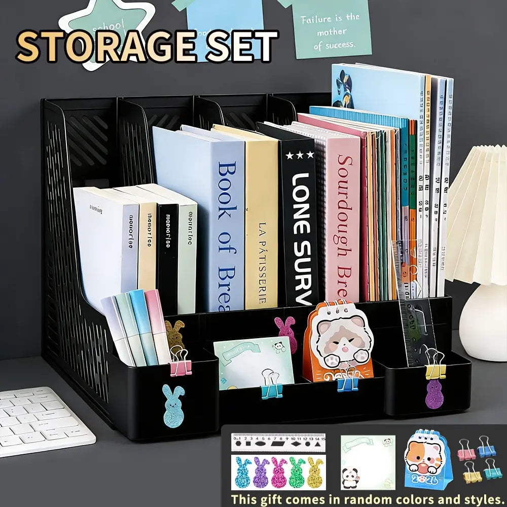 Easter Bunny Style Plastic Rectangular 6-Piece Desk Organizer - 4 Compartments, Shatterproof, Large Capacity, Desk Organization Solution for Office Workers, Holds Books, Stationery, Documents