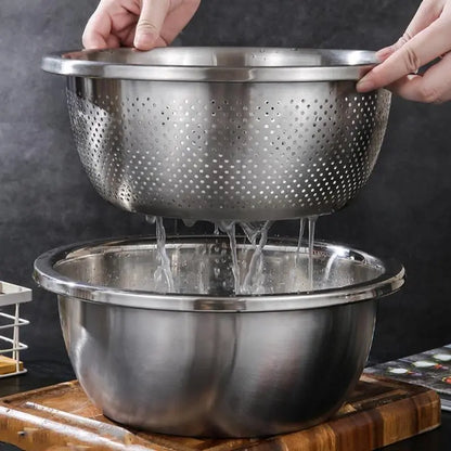 Multifunctional 3-In-1 Stainless Steel Cutting Machine and Strainer Set - Includes Basin, Sieve, and Cutter for Washing Rice, Fruits, and Vegetables - Essential Kitchen Tool