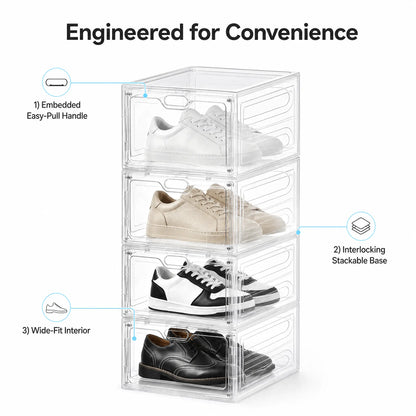 Stackable Clear Plastic Shoe Boxes, Magnetic Door Design - Shoe Rack & Storage Organizer