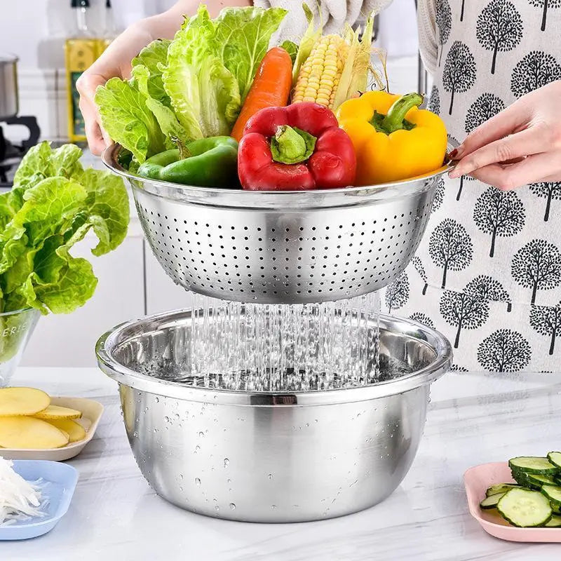 Multifunctional 3-In-1 Stainless Steel Cutting Machine and Strainer Set - Includes Basin, Sieve, and Cutter for Washing Rice, Fruits, and Vegetables - Essential Kitchen Tool