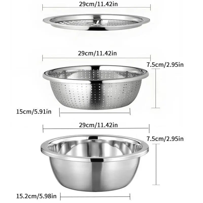 Multifunctional 3-In-1 Stainless Steel Cutting Machine and Strainer Set - Includes Basin, Sieve, and Cutter for Washing Rice, Fruits, and Vegetables - Essential Kitchen Tool
