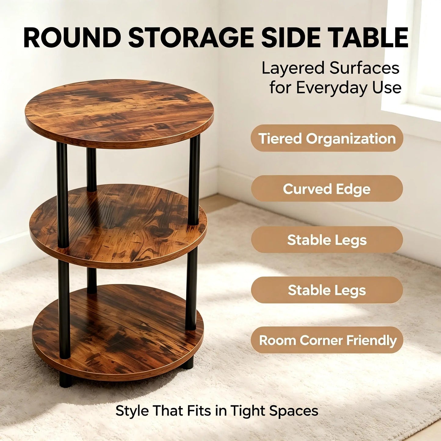 Three-Tier Round Shelving Table - Versatile Decorative Table Available in Narrow-Edge Styles or as a Nightstand; Industrial Design Ideal for Compact Spaces