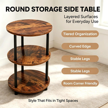Three-Tier Round Shelving Table - Versatile Decorative Table Available in Narrow-Edge Styles or as a Nightstand; Industrial Design Ideal for Compact Spaces