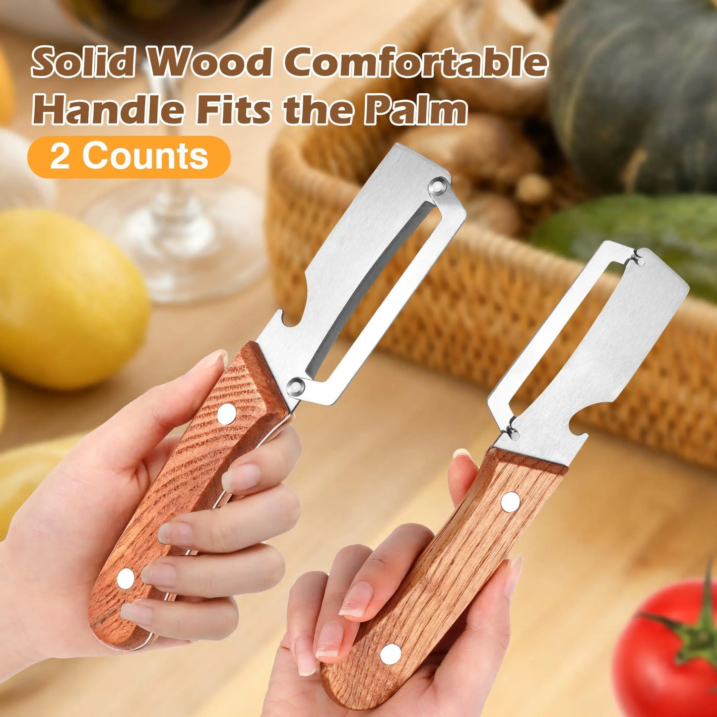 Stainless Steel Blade Vegetable and Fruit Peeler Set with Ergonomic Wooden Handles and Integrated Bottle Opener