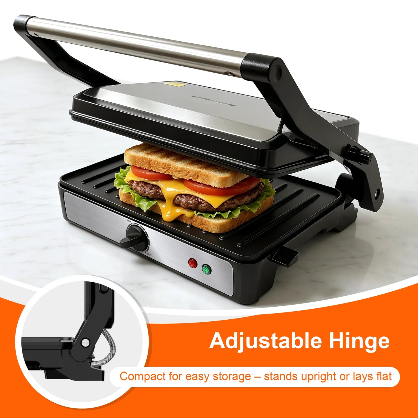 KEINVE Compact Electric Panini Press Grill and Sandwich Maker, 900W Fast Heating with Adjustable Temperature Control, 180° Flat Open Non-Stick Double-Sided Griddle, Dual Heating Plates for Steak and Burgers, 9.2 x 5.8 Inches