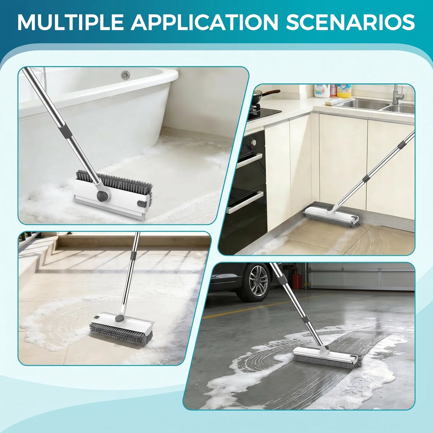 JOIORBOO 3-in-1 Floor Scrub Brush with Long Handle - Double-Sided Bristles and Squeegee for Bathroom and Kitchen Cleaning