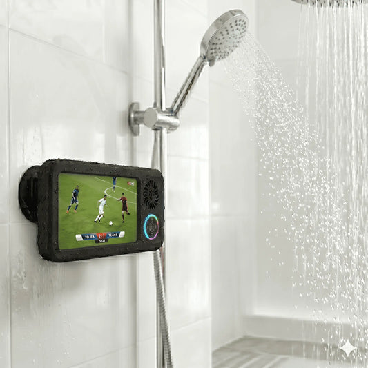 Waterproof Bathroom Shower Phone Holder with Bluetooth Speaker, 360° Rotating Touch Screen Mobile Device Case, Suction Cup Mount Shelf