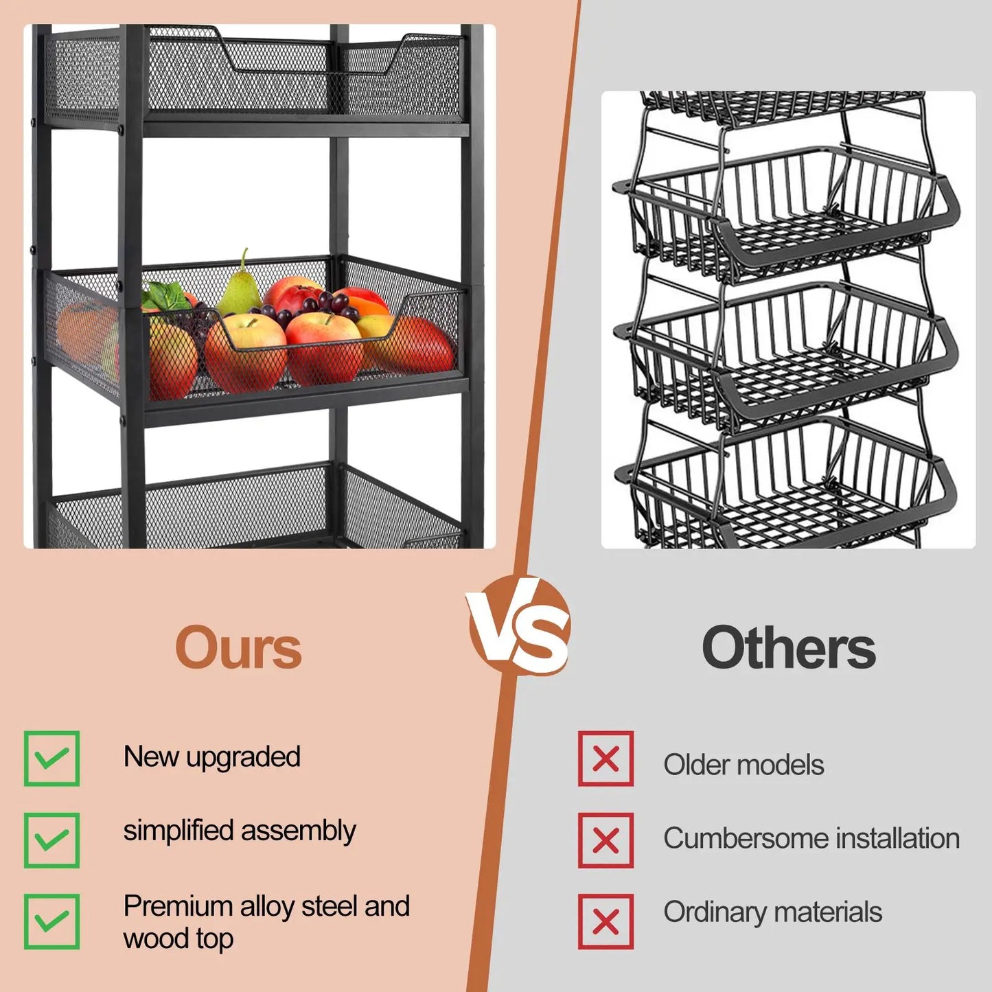 3-Tier Rolling Utility Cart with Wood Top, Metal Mesh Basket Mobile Shelving Unit, Movable Storage Organizer for Kitchen, Pantry, Bathroom, Laundry Room