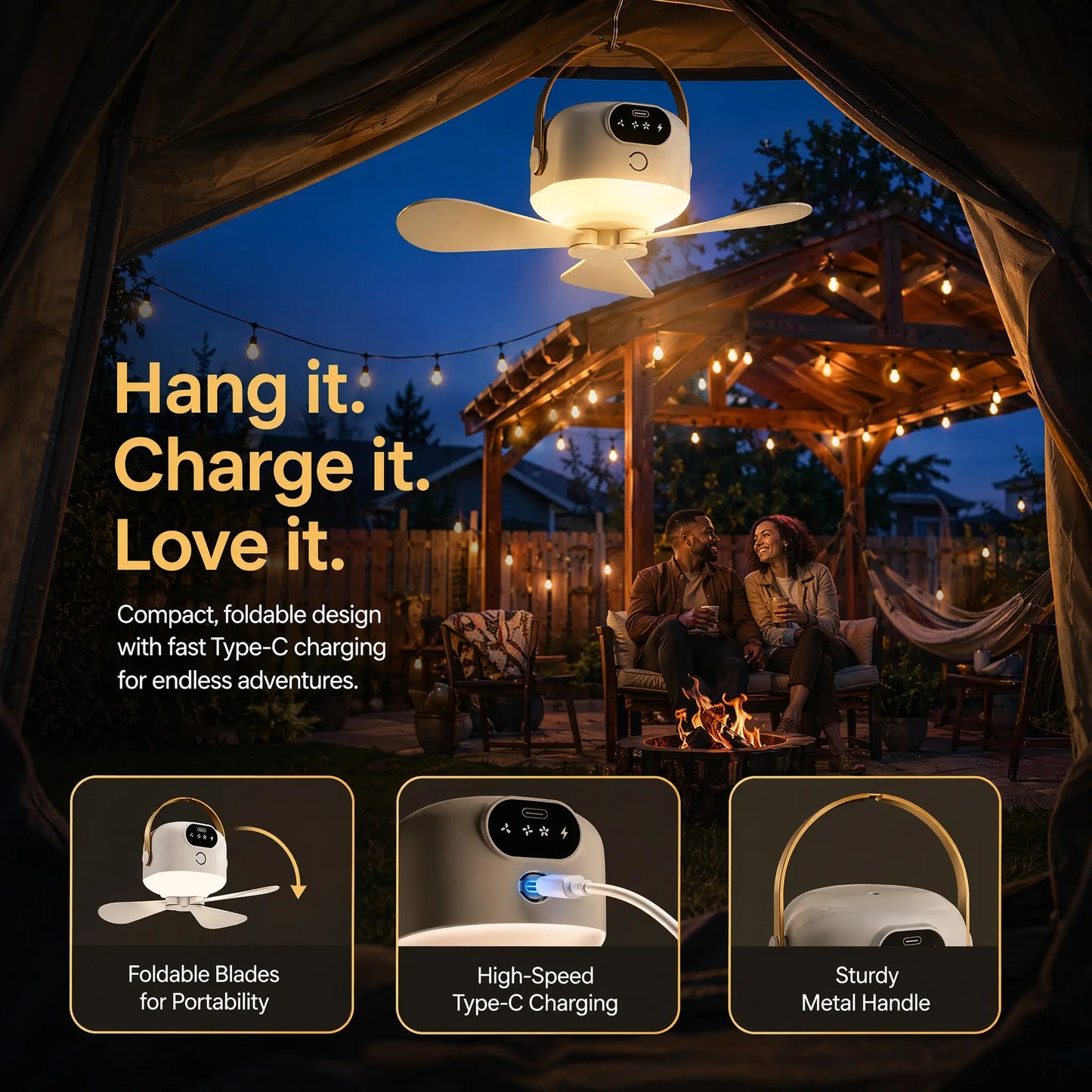 2-In-1 Portable LED Light Hanging Camping Fan | Rechargeable Quiet Tent Fan with Remote Control, Long Runtime, 3 Speeds, Foldable Design, Suitable for Outdoor Camping, Tents, Patio, Dorms, Bedrooms
