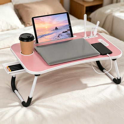 WGCTEK Portable Foldable Laptop Bed Desk with USB Ports, Storage Drawer, and Cup Holder for Comfortable Work and Reading on Bed or Couch - Available in Black, White, Pink, and Walnut