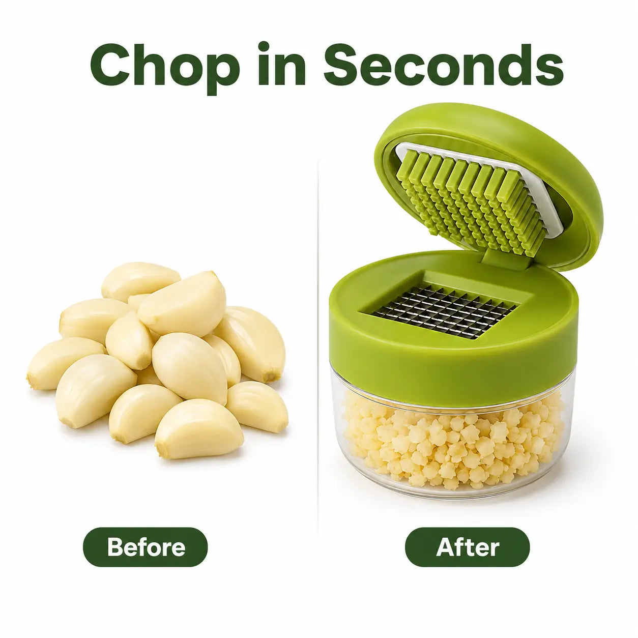Manual Garlic Chopper, Mini Garlic Press Cutter with Stainless Steel Blades & Clear Collection Cup, Compact Kitchen Garlic Mincer for Garlic, Ginger, Onion & Chili, Easy-Press Food Prep Tool, Green