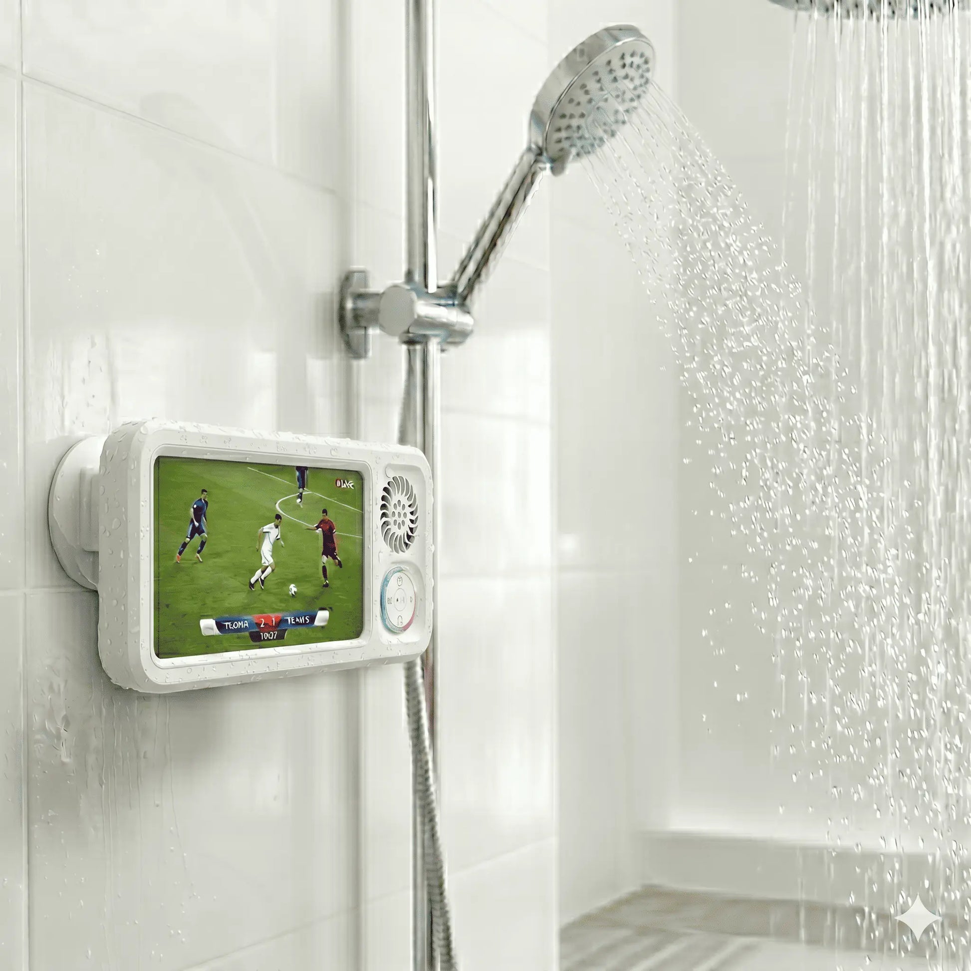 Waterproof Bathroom Shower Phone Holder with Bluetooth Speaker, 360° Rotating Touch Screen Mobile Device Case, Suction Cup Mount Shelf