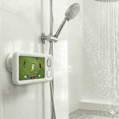 Waterproof Bathroom Shower Phone Holder with Bluetooth Speaker, 360° Rotating Touch Screen Mobile Device Case, Suction Cup Mount Shelf